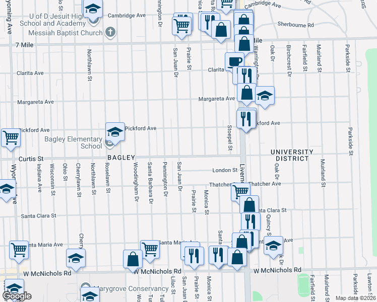 map of restaurants, bars, coffee shops, grocery stores, and more near 18210 San Juan Drive in Detroit