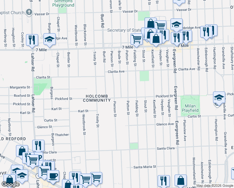 map of restaurants, bars, coffee shops, grocery stores, and more near 18412 Pierson Street in Detroit