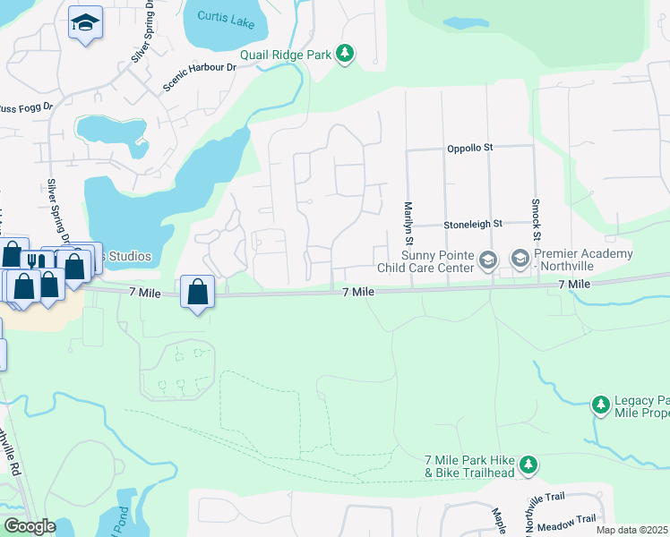 map of restaurants, bars, coffee shops, grocery stores, and more near 19108 Northridge Drive in Northville