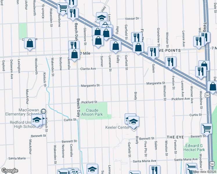 map of restaurants, bars, coffee shops, grocery stores, and more near 18478 Lennane in Redford Charter Township