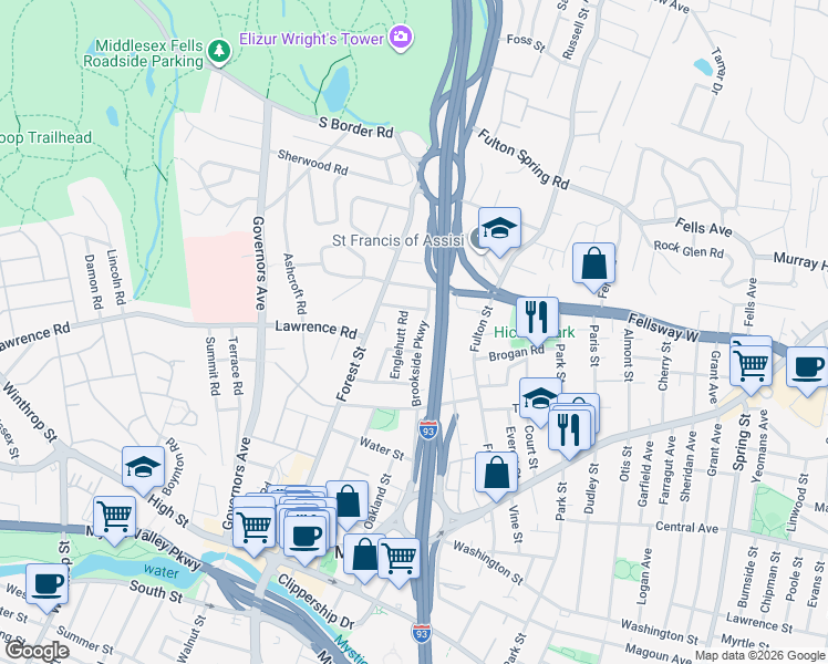 map of restaurants, bars, coffee shops, grocery stores, and more near 204 Brookside Parkway in Medford