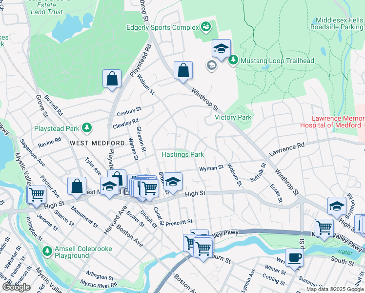 map of restaurants, bars, coffee shops, grocery stores, and more near 42 Vernon Street in Medford