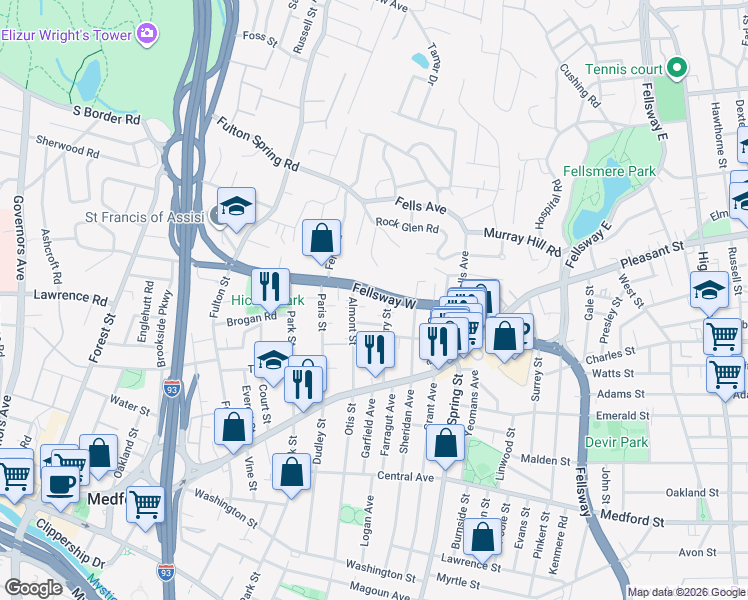 map of restaurants, bars, coffee shops, grocery stores, and more near 1 Almont Court in Medford