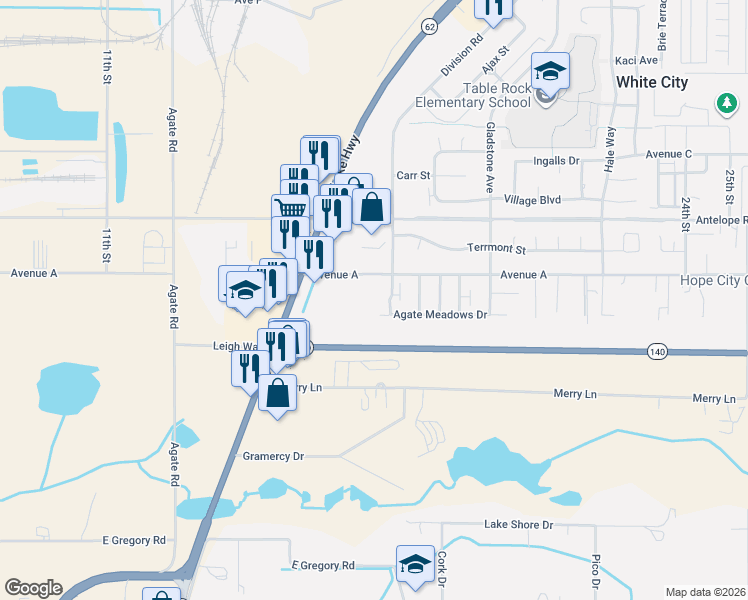 map of restaurants, bars, coffee shops, grocery stores, and more near 7437 Division Road in White City