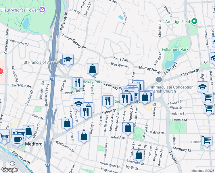 map of restaurants, bars, coffee shops, grocery stores, and more near 226 Fellsway West in Medford