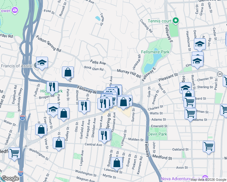 map of restaurants, bars, coffee shops, grocery stores, and more near 117 Fellsway West in Medford