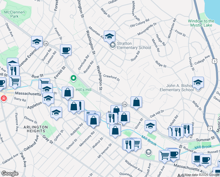 map of restaurants, bars, coffee shops, grocery stores, and more near 61 Candia Street in Arlington