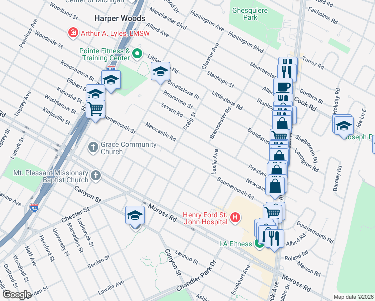 map of restaurants, bars, coffee shops, grocery stores, and more near 21563 Bournemouth Street in Harper Woods