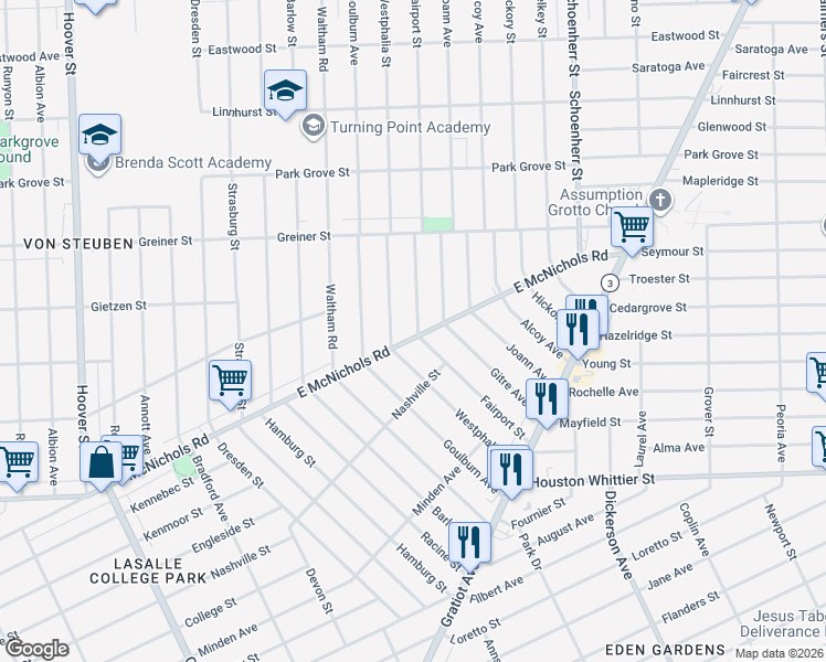 map of restaurants, bars, coffee shops, grocery stores, and more near 12901 East McNichols Road in Detroit