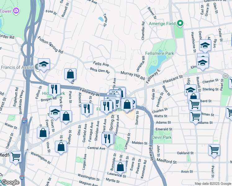 map of restaurants, bars, coffee shops, grocery stores, and more near 117 Fellsway West in Medford