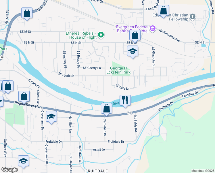 map of restaurants, bars, coffee shops, grocery stores, and more near 1341 Southeast Priscilla Lane in Grants Pass