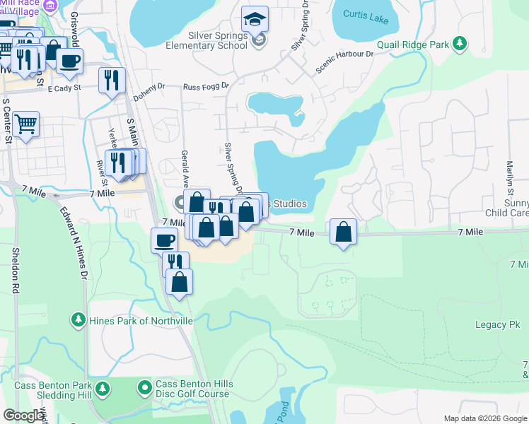 map of restaurants, bars, coffee shops, grocery stores, and more near 42824 Swan Lake Drive in Northville