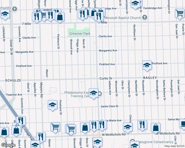map of restaurants, bars, coffee shops, grocery stores, and more near 10080 Curtis Street in Detroit