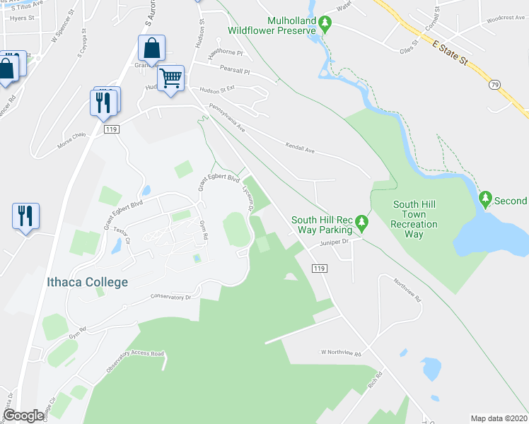 map of restaurants, bars, coffee shops, grocery stores, and more near 260 Coddington Road in Ithaca