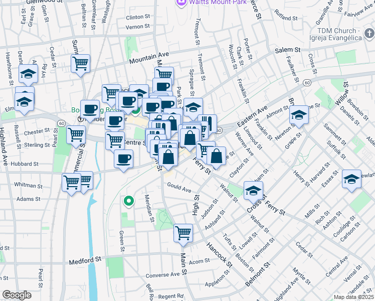 map of restaurants, bars, coffee shops, grocery stores, and more near in Malden
