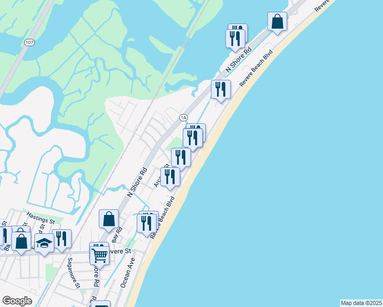 map of restaurants, bars, coffee shops, grocery stores, and more near 425 Revere Beach Boulevard in Revere