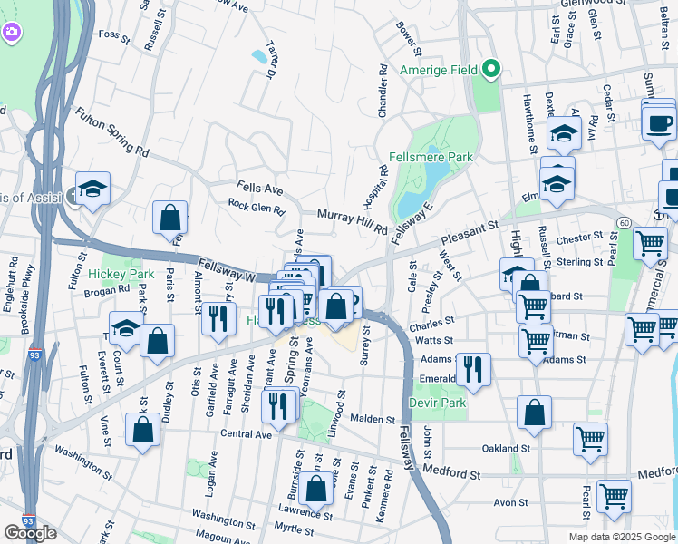 map of restaurants, bars, coffee shops, grocery stores, and more near 81 Fellsway West in Medford