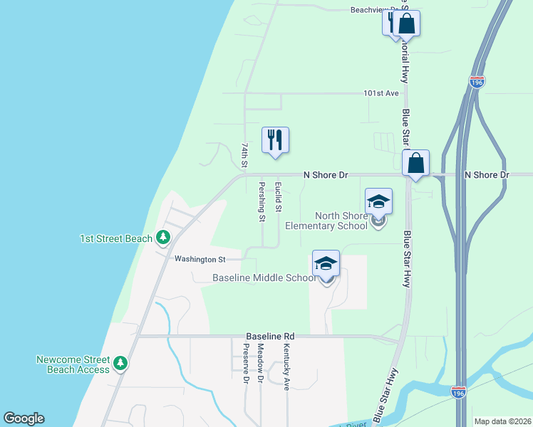map of restaurants, bars, coffee shops, grocery stores, and more near 75 Pershing Street in South Haven