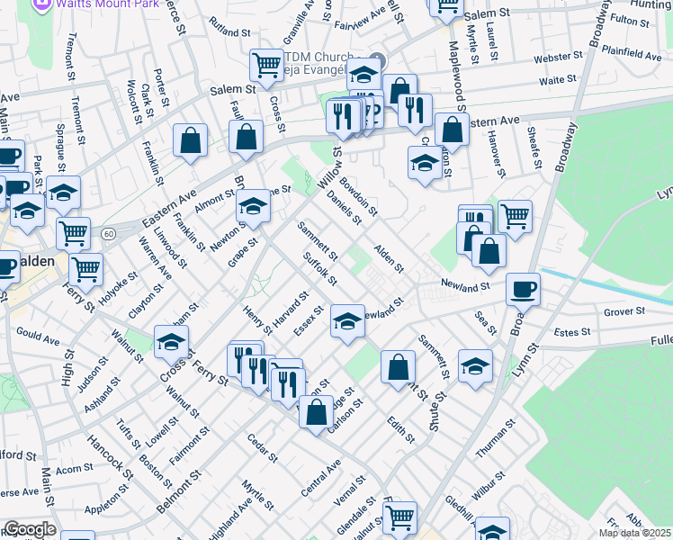 map of restaurants, bars, coffee shops, grocery stores, and more near 69 Suffolk Street in Malden