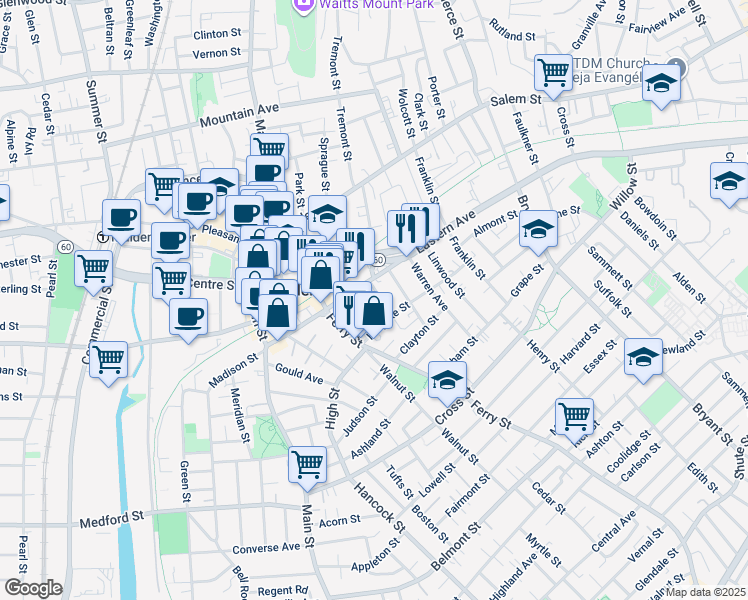 map of restaurants, bars, coffee shops, grocery stores, and more near 21 Wyeth Street in Malden