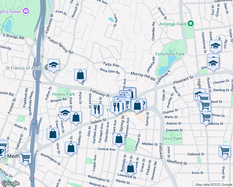 map of restaurants, bars, coffee shops, grocery stores, and more near 152 Fellsway West in Medford