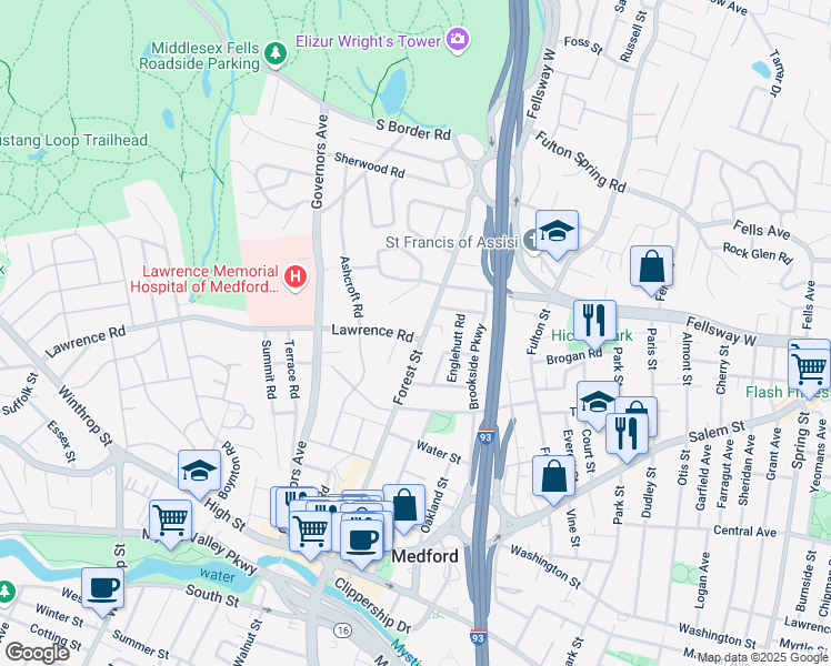 map of restaurants, bars, coffee shops, grocery stores, and more near 163 Forest Street in Medford