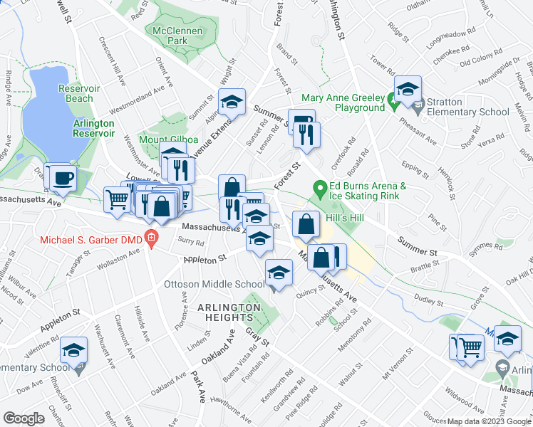 map of restaurants, bars, coffee shops, grocery stores, and more near 27 Peirce Street in Arlington