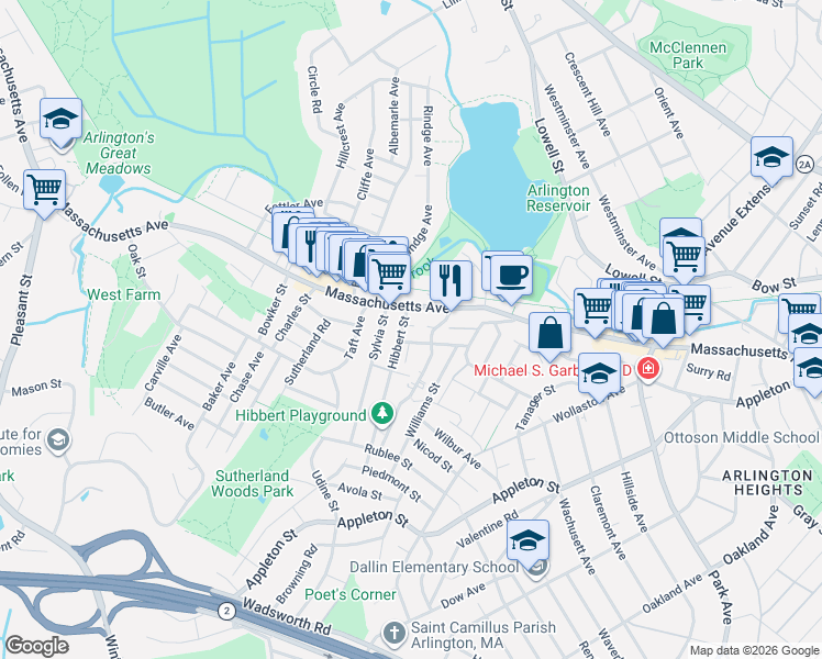 map of restaurants, bars, coffee shops, grocery stores, and more near 33 Hibbert Street in Arlington