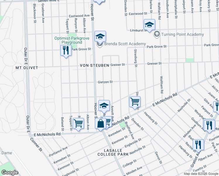 map of restaurants, bars, coffee shops, grocery stores, and more near 17640 Rowe Street in Detroit