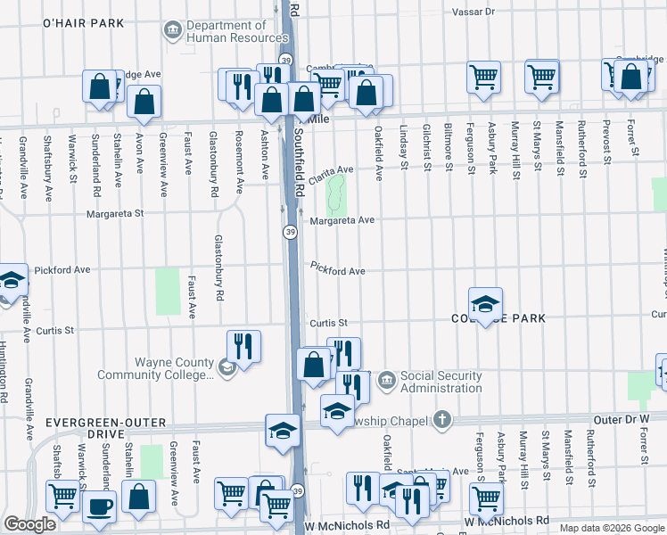 map of restaurants, bars, coffee shops, grocery stores, and more near 18313 Archdale Street in Detroit