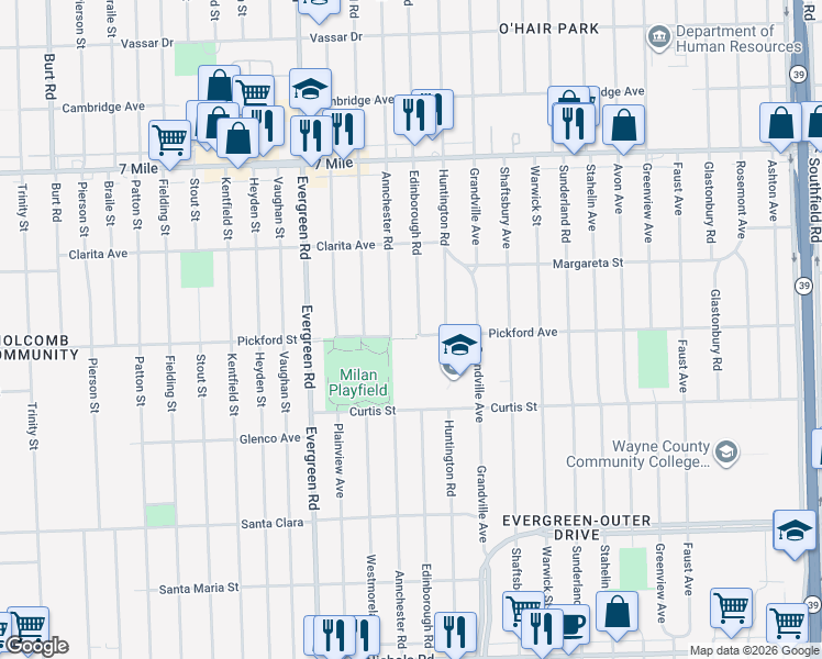 map of restaurants, bars, coffee shops, grocery stores, and more near 18400 Annchester Road in Detroit