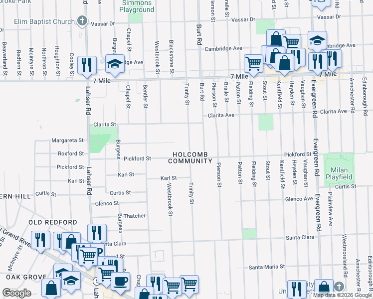 map of restaurants, bars, coffee shops, grocery stores, and more near 21126 Pickford Street in Detroit