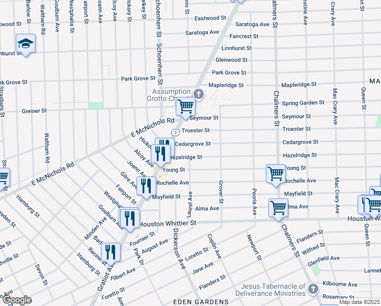 map of restaurants, bars, coffee shops, grocery stores, and more near 13497 Hazelridge Street in Detroit