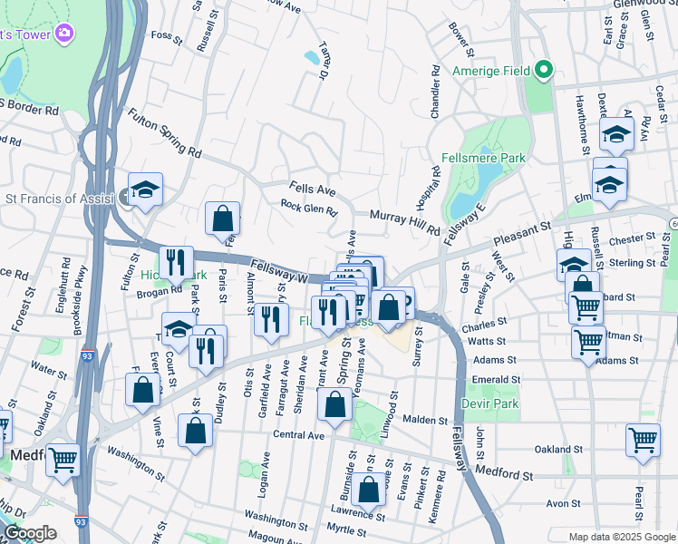 map of restaurants, bars, coffee shops, grocery stores, and more near 152 Fellsway West in Medford