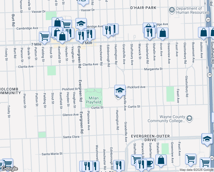 map of restaurants, bars, coffee shops, grocery stores, and more near 18400 Annchester Road in Detroit