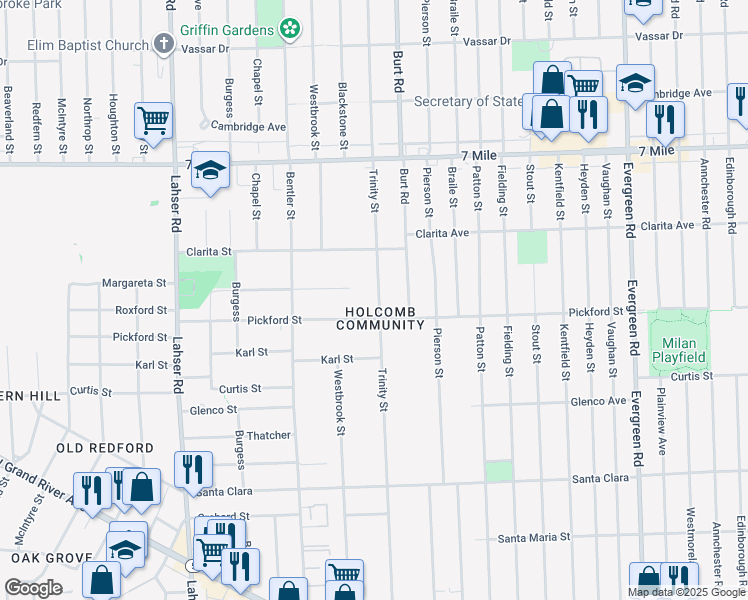 map of restaurants, bars, coffee shops, grocery stores, and more near 21126 Pickford Street in Detroit