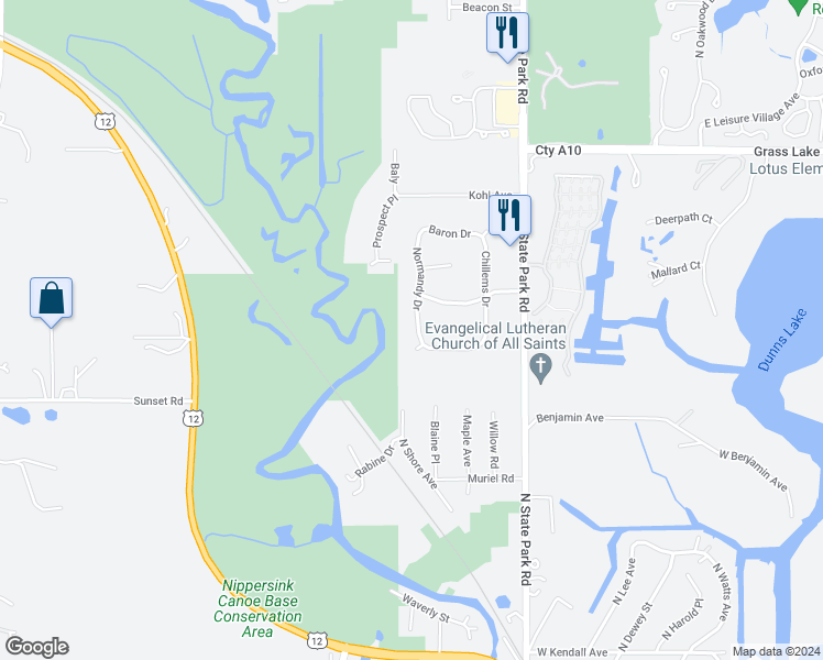 map of restaurants, bars, coffee shops, grocery stores, and more near 6709 Normandy Drive in Spring Grove