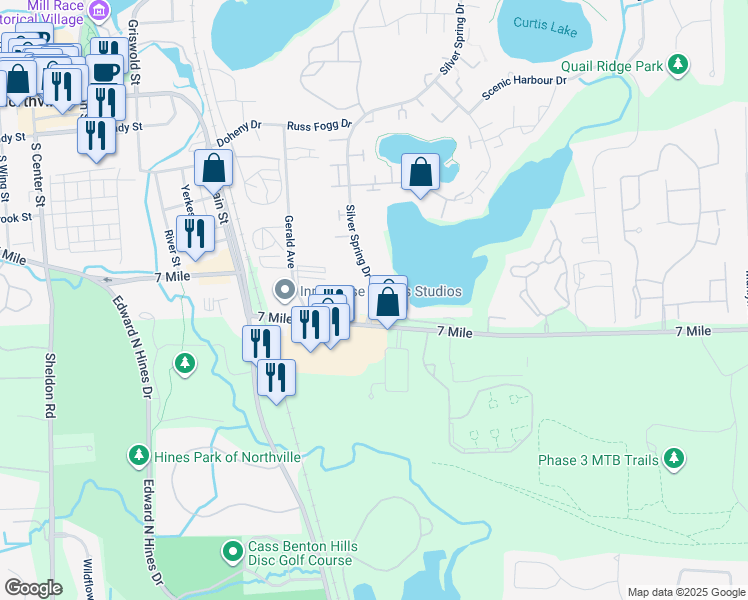 map of restaurants, bars, coffee shops, grocery stores, and more near 19200 Silver Spring Drive in Northville