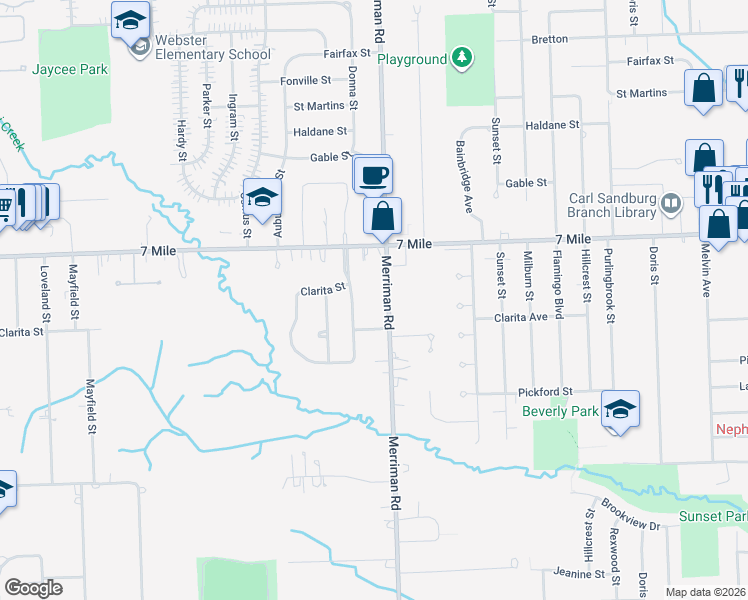 map of restaurants, bars, coffee shops, grocery stores, and more near 18866 Canterbury Drive in Livonia