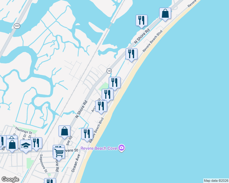 map of restaurants, bars, coffee shops, grocery stores, and more near 428 Revere Beach Boulevard in Revere