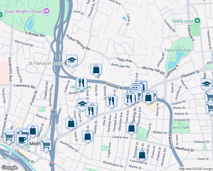 map of restaurants, bars, coffee shops, grocery stores, and more near 73 Almont Street in Medford
