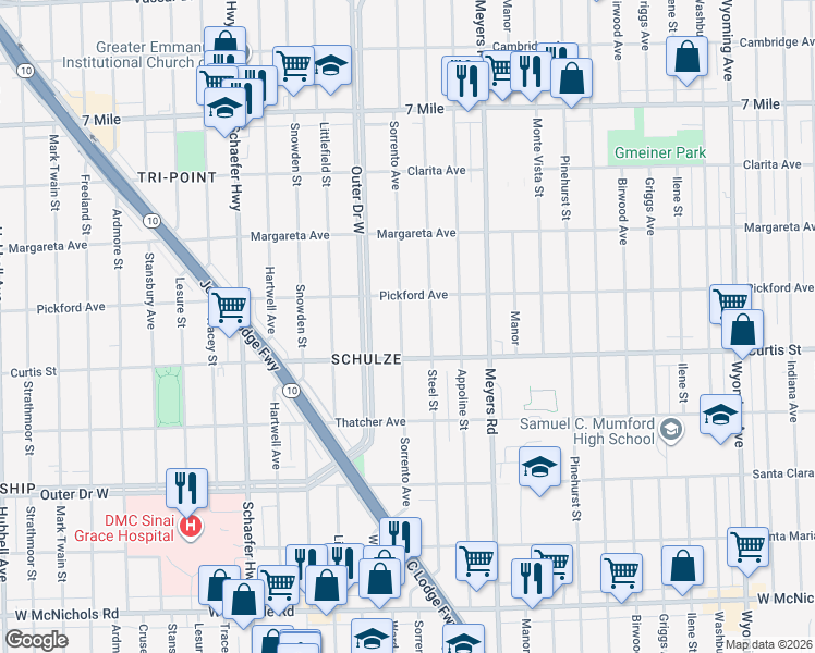 map of restaurants, bars, coffee shops, grocery stores, and more near 18236 Sorrento Avenue in Detroit