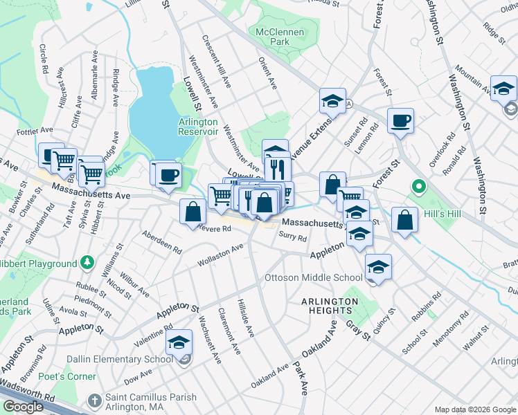 map of restaurants, bars, coffee shops, grocery stores, and more near 41 Park Avenue in Arlington