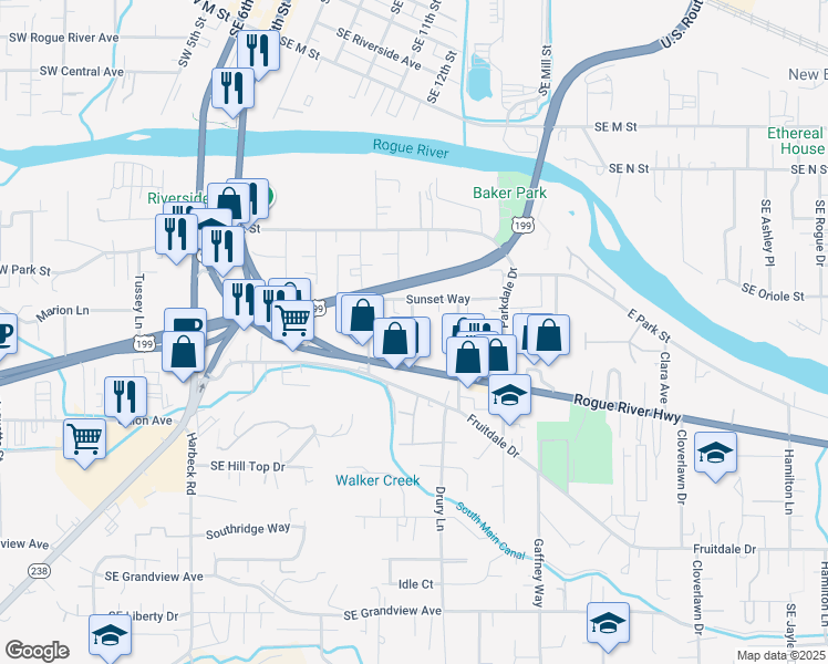 map of restaurants, bars, coffee shops, grocery stores, and more near 1407 Oakhill Lane in Grants Pass