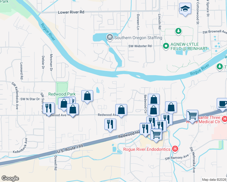 map of restaurants, bars, coffee shops, grocery stores, and more near 1352 Shady Lane in Grants Pass
