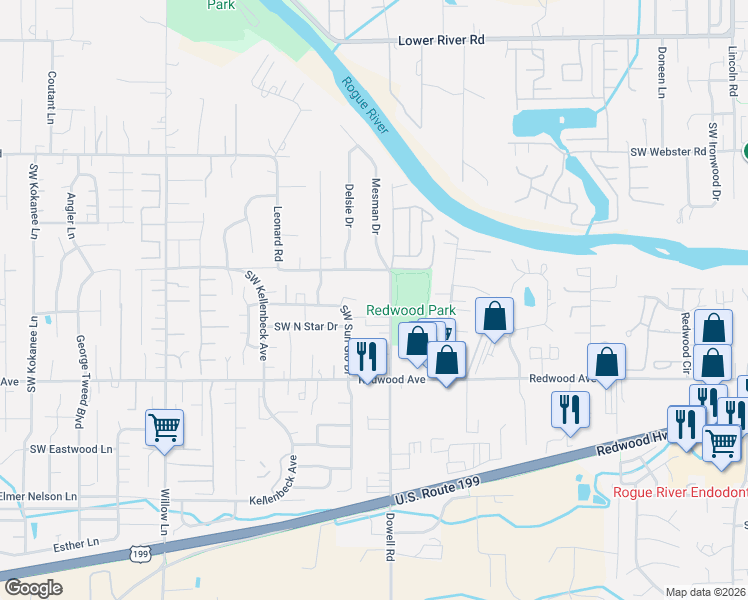 map of restaurants, bars, coffee shops, grocery stores, and more near 1380 Dowell Road in Grants Pass