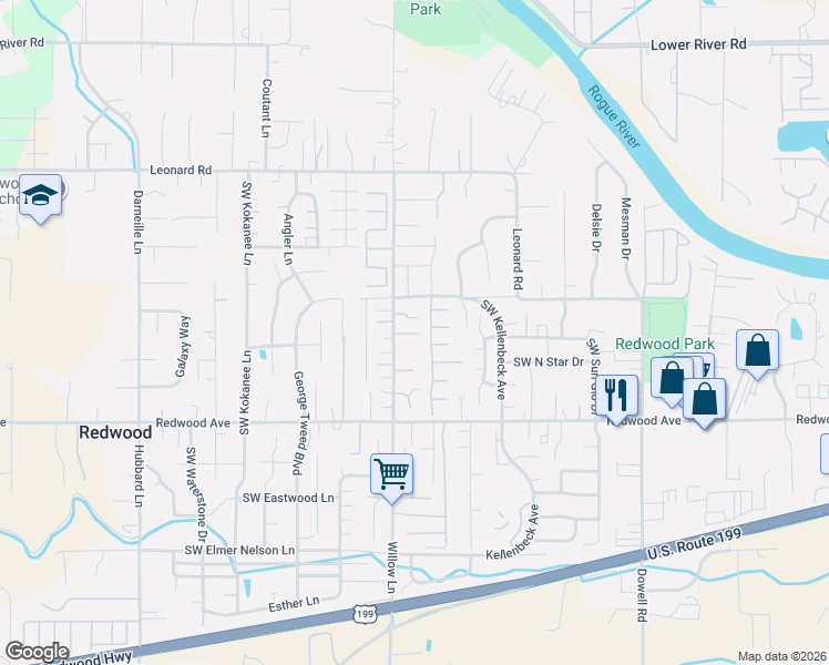 map of restaurants, bars, coffee shops, grocery stores, and more near 1374 Willow Court in Grants Pass