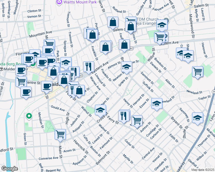 map of restaurants, bars, coffee shops, grocery stores, and more near 78 Linwood Street in Malden