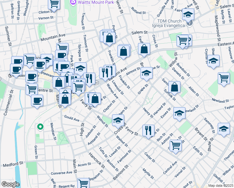 map of restaurants, bars, coffee shops, grocery stores, and more near 60 Warren Avenue in Malden