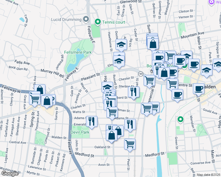 map of restaurants, bars, coffee shops, grocery stores, and more near 341 Highland Avenue in Malden